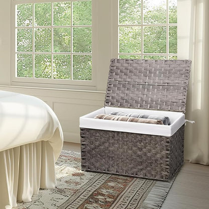Wicker Storage Basket with Lid, 42.3 Gallon (160L) Large Blanket Basket with Lid, Woven Storage Bin with Handles, Removable Liner, Metal Frame, Foldable, for Bedroom, Laundry Room, Grey