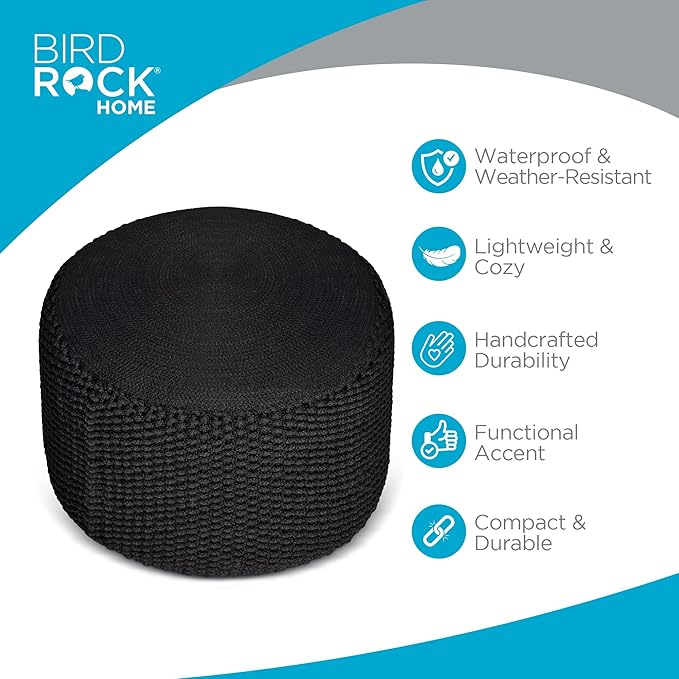 BIRDROCK HOME Outdoor Pouf Ottoman | Hand Woven Waterproof Foot Stool with Bead Bag Filling | Boho Foot Rest for Patio, Living Room, Porch & Outdoor Seating | Lightweight, Soft Stuffed Chair | Black
