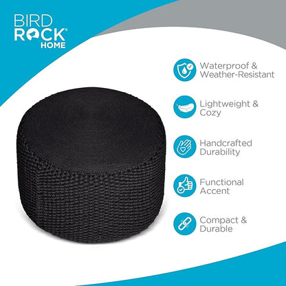 BIRDROCK HOME Outdoor Pouf Ottoman | Hand Woven Waterproof Foot Stool with Bead Bag Filling | Boho Foot Rest for Patio, Living Room, Porch & Outdoor Seating | Lightweight, Soft Stuffed Chair | Black