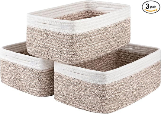3 Pack Small Storage Baskets for Organizing, Cute Woven Decorative Gift Baskets for Shelves, Mini Closet Organizer Bins with Handles, 11.81''Lx7.87''Wx4.72''H-Brown and White