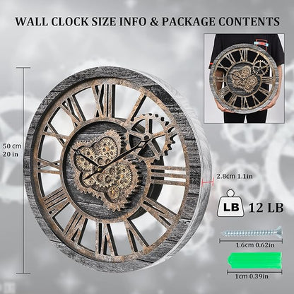 HOIBAI Wall Clock, Large Wall Clocks for Living Room Decor 18 Inch Battery Operated Silent Non-Ticking Modern Farmhouse Vintage Roman Big Wall Clock for Home Bedroom House Office, Moving Gears Clock