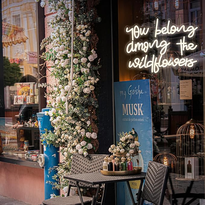 You Belong Among The Wildflowers Neon Sign for Wall Decor Dimmable Warm White LED Letters Neon Light for Living Room Garden Art Wall Neon Decor Personzalized Gift(16.5 * 12.6In)