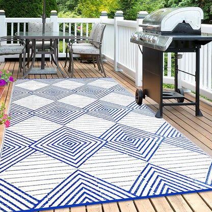 Waterproof Outdoor Rug 6x9ft, Foldable Reversible Plastic Straw Mat for Patio RV Deck Porch Backyard Balcony Camping Picnic Beach Indoor Outdoor Carpet, Blue&White
