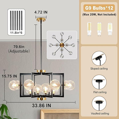 12 Light Black Farmhouse Chandelier Geometric Metal Dining Room Light Fixture Height Adjustable Black Chandeliers for Dining Room Clear Glass Farmhouse Industrial Pendant Lights for Bedroom, Entryway