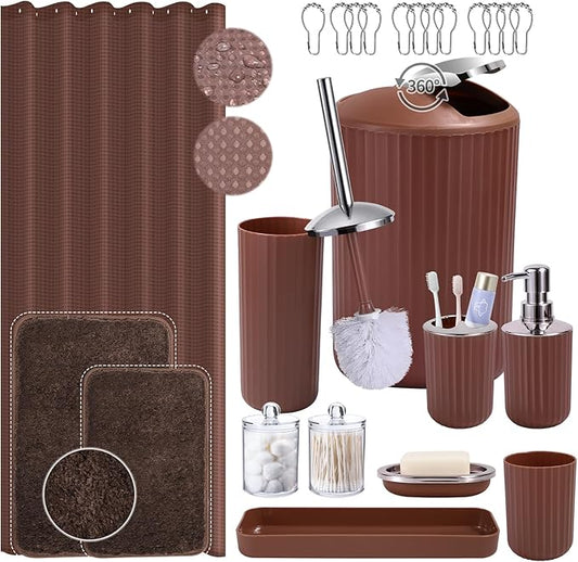 24 PCS Brown Bathroom Accessories Set with Shower Curtain and Rugs, Bathroom Sets with Extra Soft and Absorbent Bath Rugs Shower Curtain Pink Bathroom Sets for Bath