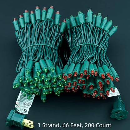 200 Count Red Green Wide Angle LED Christmas Lights, 66 ft Green Wire UL Certified Commercial Grade 5mm Holiday String Light Set (Red & Green)