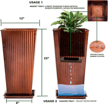 22in Vintage Handmade Metal Vertical Lines Copper Tapered Planters,Planter Box with Drainage Holes and Saucer -Set of 2, Galvanized Steel Planter for Indoor/Outdoor/Porch/Garden