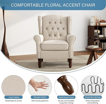 UIXE High Back Accent Chair, Upholstered Armchair in Fabric for Living Room, Retro Wingback Arm Chair Comfy Single Sofa Bedroom Reading Seat with Solid Wood Legs - Beige