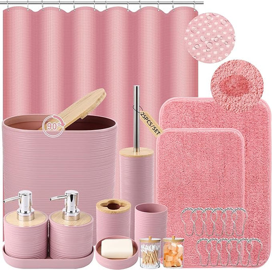 Bathroom Set - Pink Bathroom Accessories Set, Bathroom Sets with Shower Curtain and Rugs, 25PC Shower Curtain Set with Hooks, Soap Dispenser, Soap Dish, Toilet Brush Holder and Trash Can