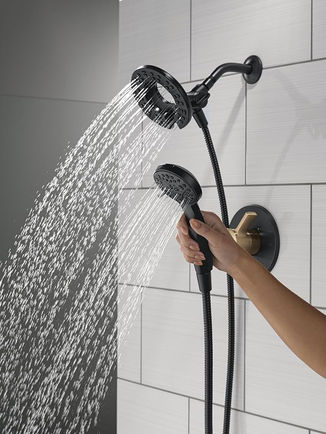 Delta Faucet Albion 14 Series Single-Handle Shower Faucet, Black/Gold Shower Trim Kit with In2ition 2-in-1 Dual Hand Held Shower Head, Matte Black/Champagne Bronze T142855-GZ-I (Valve Not Included)