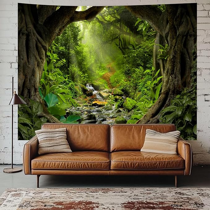 Misty Forest Tree Cave Tapestry Nature Green Tapestry Enchanted Rainforest Tropical Jungle Sunshine Flowing Stream Landscape Wall Tapestries for Living Room Bedroom Dorm Office (50" × 60")