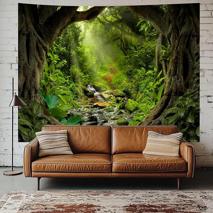 Misty Forest Tree Cave Tapestry Nature Green Tapestry Enchanted Rainforest Tropical Jungle Sunshine Flowing Stream Landscape Wall Tapestries for Living Room Bedroom Dorm Office (50" × 60")