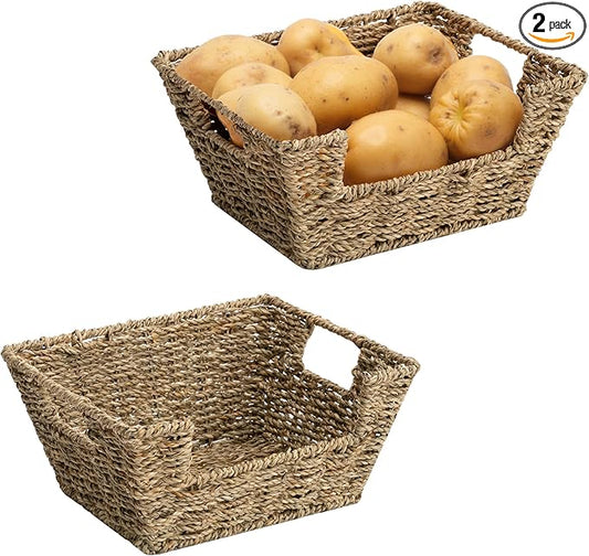 StorageWorks Small Pantry Baskets for Patato and Onion Storage, Wicker Baskets for Organizing with Built-in Handles, Seagrass Pantry Organizers and Storage for Kitchen Shelves, Countertop, 2 Pack