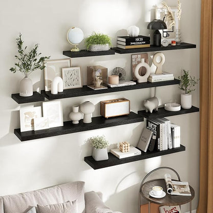 40 Inch Floating Shelves for Wall Set of 2, 8"D Wood Grain Bathroom Shelves with Invisible Brackets, Easy Install Engineered Wood Storage Shelves for Kitchen, Living Room, Bedroom, Black Finish