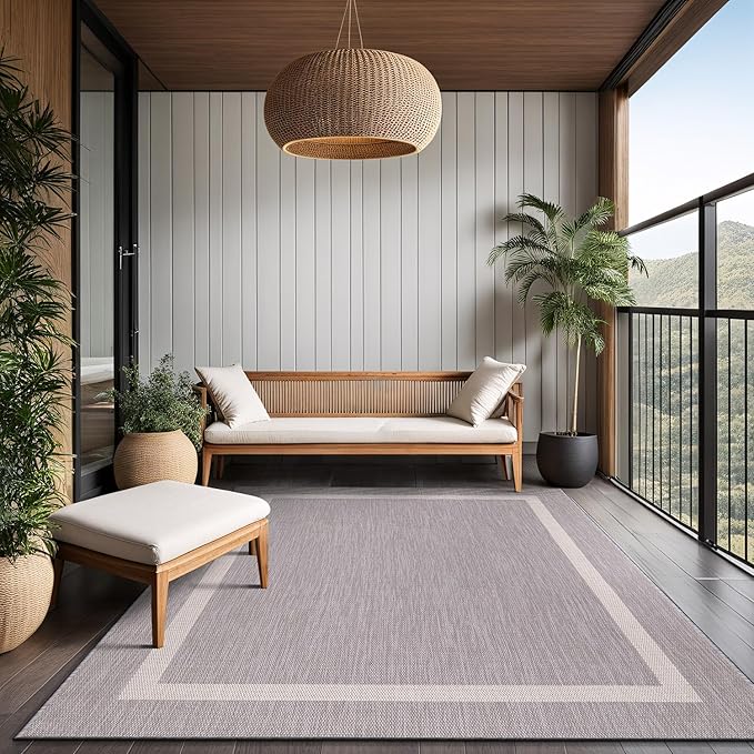 Bordered Outdoor Rug 9x12 Washable Outside Carpet for Indoor Patio Porch Waterproof Easy Cleaning Non Shedding Area Rugs Gray 9 x 12