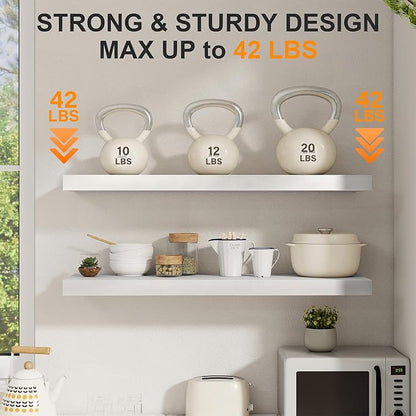 40 Inch Floating Shelves Set of 2, 8 Inch Deep Wall Shelf, Rustic Wood Storage Shelves for Bedroom, Kitchen, Bathroom, Wall-Mounted Shelf with Invisible Brackets for Books|Storage, White