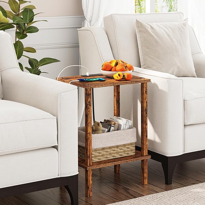 TUTOTAK End Table with Charging Station, Set of 2, Small Side Table with Outlets, Nightstand Bedside Table, 2-Tier Storage Shelf for Small Space, Living Room, Bedroom Brown TB01BB041C