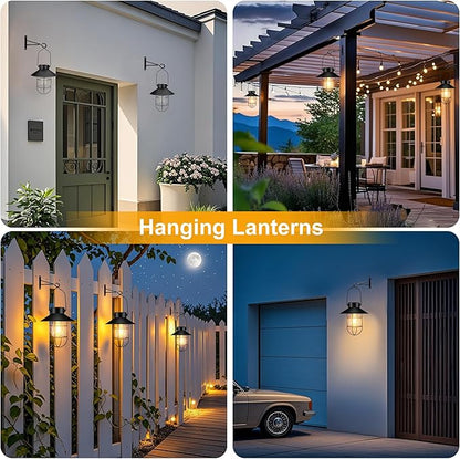 pearlstar Solar Lantern Outdoor 2 Packs Hanging Light Metal Solar Lamp with Warm White Edison Bulb Design for Garden Yard Patio Proch Decor(Black)