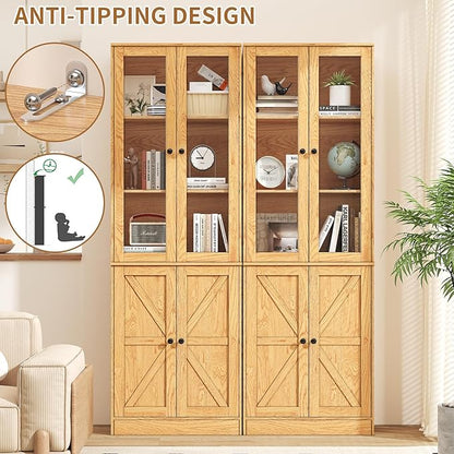 71" Tall Bookcases Set of 2, Bookshelves with Doors, 5-Shelf Bookcase with Storage, Wooden Bookshelf Floor Standing Display Storage Shelves Home Decor Furniture for Living Room,Bedroom,Natural