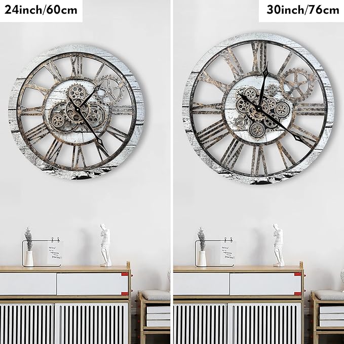 The B-Style Large Real Moving Gears Wall Clock 30 inch Rustic Retro Industrial Farmhouse Wood Clock Oversized Decorative Vintage Wall Clocks for Living Room (Gray White, 30 Inch/76CM)