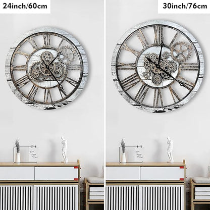 The B-Style Large Real Moving Gears Wall Clock 30 inch Rustic Retro Industrial Farmhouse Wood Clock Oversized Decorative Vintage Wall Clocks for Living Room (Gray White, 30 Inch/76CM)