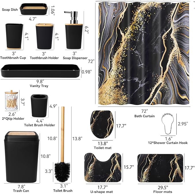 Bathroom Set Bathroom Sets with Shower Curtain and Rugs,Black Bathroom Accessories Set Waterproof Black and Gold Shower Curtain Set