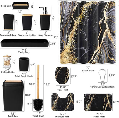 Bathroom Set Bathroom Sets with Shower Curtain and Rugs,Black Bathroom Accessories Set Waterproof Black and Gold Shower Curtain Set