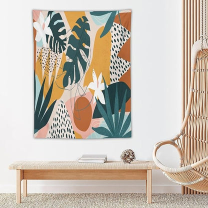 Abstract Bohemian Mid Century Tapestry, Tropical Leaves Modern Geometric Archway Minimalist Bohemian Botanical Aesthetic Wall Hanging, Sage Green Gold Home Decor Art for Bedroom 60x60 Inch
