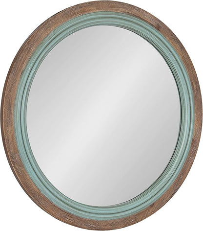 Kate and Laurel Palmer Rustic Farmhouse Round Wooden Mirror, 26 Inch Diameter, Blue and Rustic Brown, Modern Circle Decorative Wall Mirror with Paint Distressing