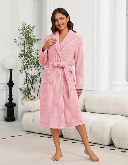 Ekouaer Women's Robe Plush Soft Long Bathrobe Cozy Warm Shawl Collar Spa Robe with Pockets