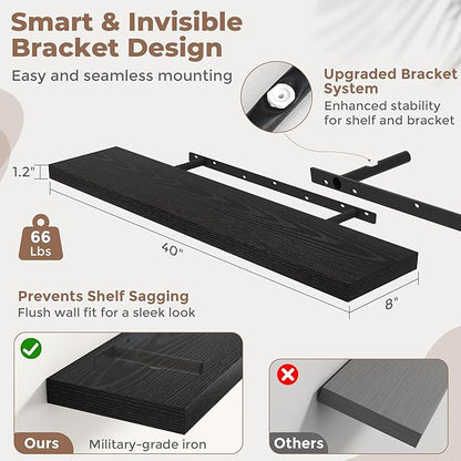 40 Inch Floating Shelves for Wall Set of 2, 8"D Wood Grain Bathroom Shelves with Invisible Brackets, Easy Install Engineered Wood Storage Shelves for Kitchen, Living Room, Bedroom, Black Finish