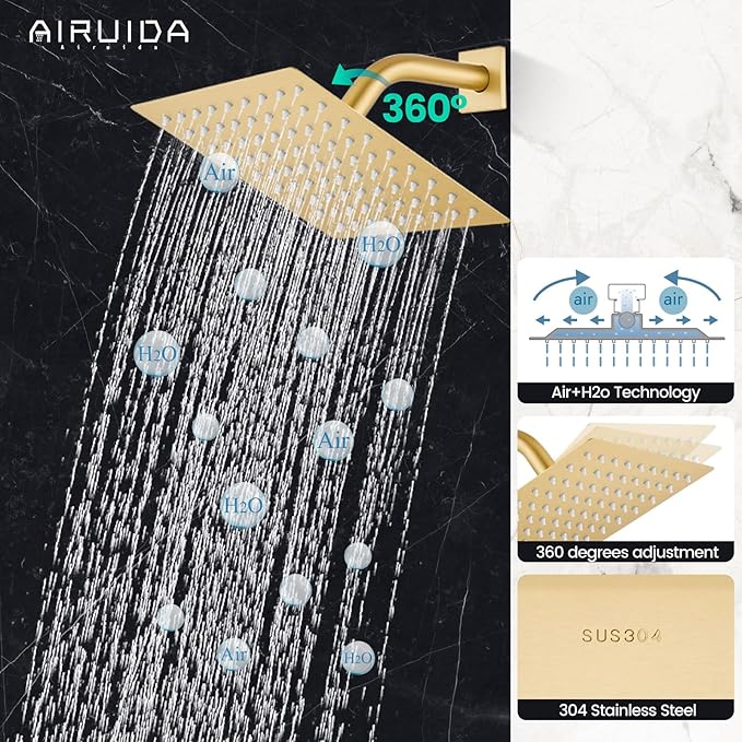 Airuida Shower Faucet Set Bathroom Rain Shower System SUS304 Stainless Steel Single Handle With Male Threads Rough-in Valve Shower Trim Kit 8 Inch Wall Mount Shower Head Brushed Gold