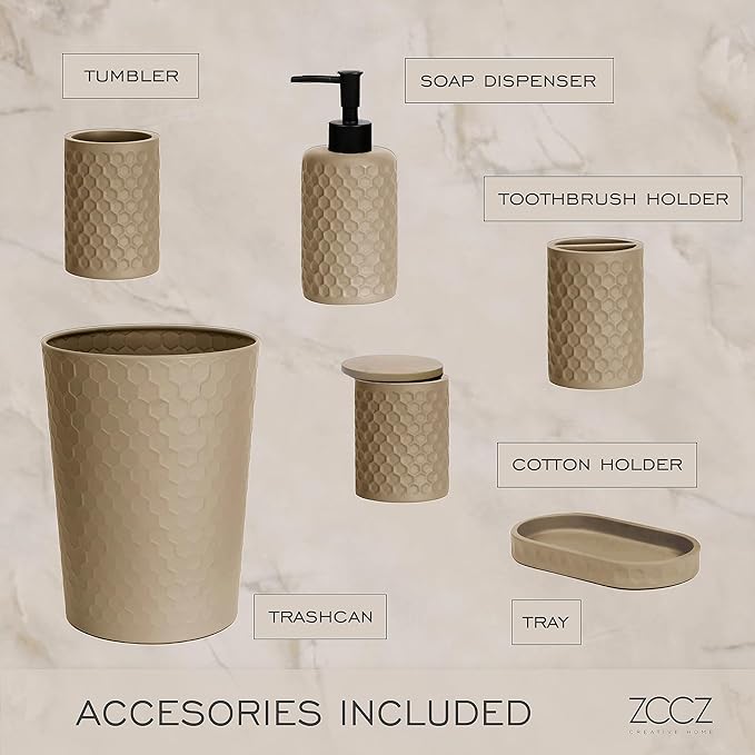 zccz 6 Piece Bathroom Accessories Set, Toothbrush Holder, Toothbrush Cup, Soap Dispenser,Bathroom Vanity Tray, Qtip Holder, Trash Can - Khaki