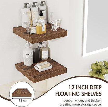12 Inch Floating Shelves, 12" Deep Floating Shelf Wall Mounted, 12" Wall Shelves, Rustic Deep Bookshelf, Extra Deeper Display Shelves & Storage Shelves for Bedroom, Living Room, Set of 3