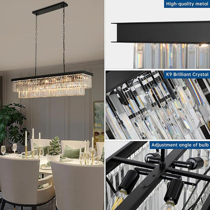 Crystal Chandeliers for Dining Room Light Fixtures Over Table，18-Lights Black Modern Rectangle Chandeliers for Kitchen Island Bar L46 Inch