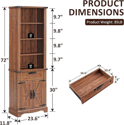 OKD 72'' Tall Bookshelf with Storage, Farmhouse 4 Tier Bookcase w/Barn Door, Adjustable Shelves and Drawers, Rustic Wooden Office Bookshelves for Home, Living Room, Library (Reclaimed Barnwood Color)