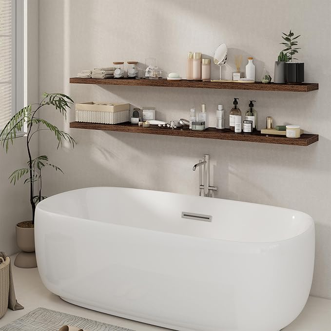 72 Inch Floating Shelves, 8 Inch Deep Floating Shelf, Large Shelves with Invisible Bracket for Books|Storage, Rustic Wood Wall Shelf for Bedroom, Kitchen, Living Room, Rustic Brown