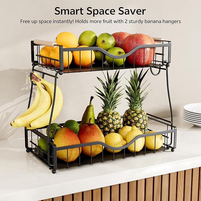 2 Tier Fruit Basket with 2 Banana Hangers, Fruit Bowl for Kitchen Countertop with 2 Wooden Handle, Detachable Metal Fruit Holder for Vegetable Bread with 2 Protective Pads, Black