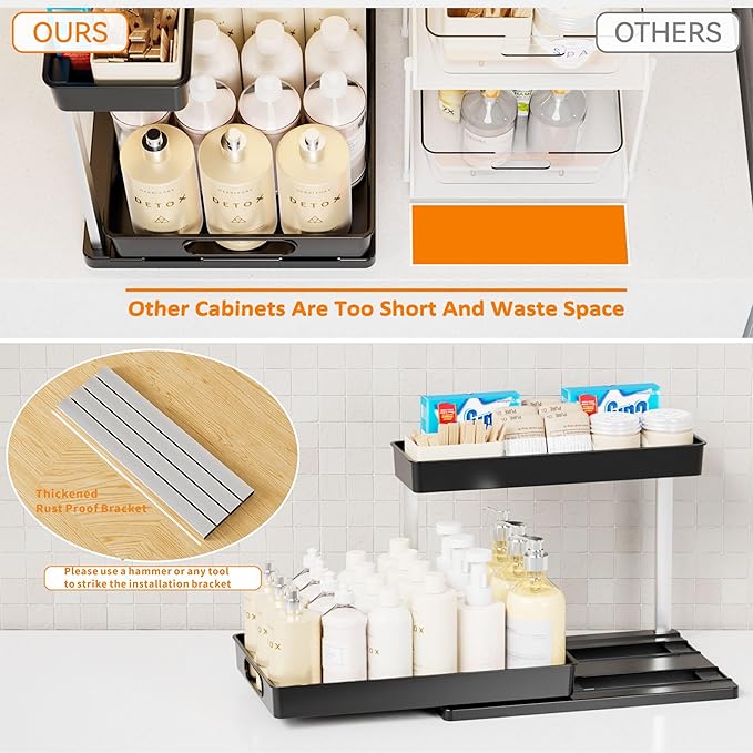 Yieach 2 Pack Under Kitchen Cabinet Storage,14.5 Inch Deep Black Under Sink Storage Rack for Apartments and Small Space,Two Tier Undersink Pull Out Organizer Drawers & Bathroom Cabinet Organization