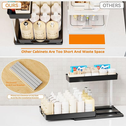 Yieach 2 Pack Under Kitchen Cabinet Storage,14.5 Inch Deep Black Under Sink Storage Rack for Apartments and Small Space,Two Tier Undersink Pull Out Organizer Drawers & Bathroom Cabinet Organization