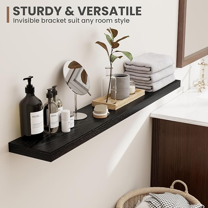 36 Inch Floating Shelves, 8 Inch Deep Floating Shelves for Wall, Hanging Shelf with Invisible Brackets, Deep Shelves for Bathroom, Bedroom, Living Room, Black, Set of 2