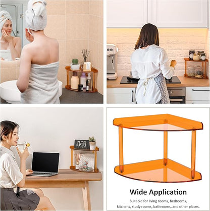 2 Tier Acrylic Corner Shelf Organizer Storage 9.5x9.5x8 Inch, Orange Countertop Corner Shelf for Bathroom, Kitchen, Bedroom, Office, Study Room