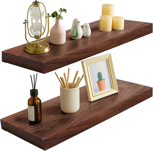 Solid Walnut Floating Shelves for Wall, 16"*6.7"*1.6"Real Thick Wood Mounted Wall Display Shelf with Joinery for Home Decor, Bathroom,Kitchen（Natural Walnut Brown）