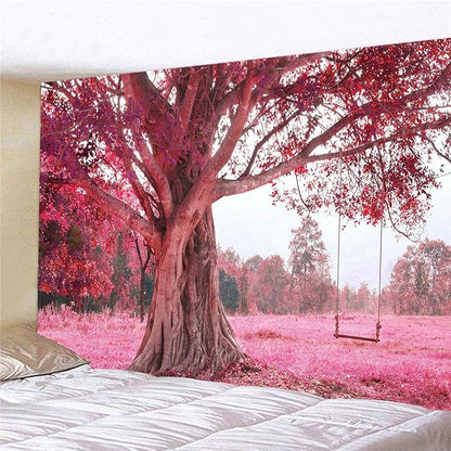 FENDROM Autumn Pink Flower Tapestry Window View Wall Hanging, Nature Forest Floral Trees Garden Scenic Tapestries for Living Room Home Office Dorm