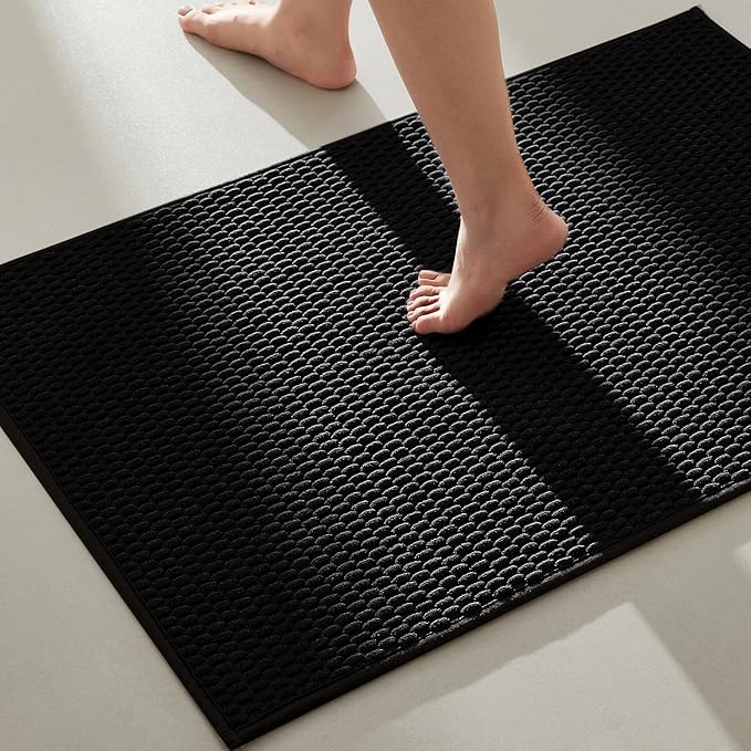 Black Bathroom Rugs Non Slip Washable, Super Absorbent Thin Bath Mat Quick Dry Low Pile Bathroom Rug, Black 24''x36''