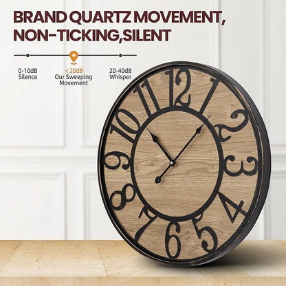 Large Wall Clock for Living Room Decor, Non Ticking Silent, Battery Operated Modern Vintage Wood Wall Clock Oversized Decorative Wall Clock for Bedroom Kitchen Farmhouse Office Decor