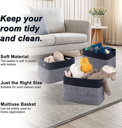 4 Pack Storage Baskets for Organizing, Woven Baskets for Shelves - Perfect for Toys, Books, Towels, and Clothes, Durable Gift Basket Bins Toy Storage, 13''L x9''W x7.8''H, Blue and Grey