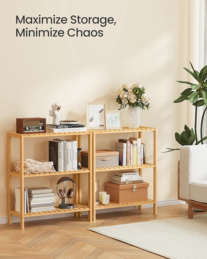SONGMICS Bamboo Storage Shelf, 3-Tier Shelving Unit, Multifunctional, in The Entryway, Bathroom, Living Room, Balcony, Kitchen, 10.2 x 23.6 x 26 Inches, Light Bamboo UBCB33Y
