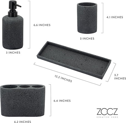 ZCCZ - Black Bathroom Accessories Set 4 Pcs - Toothbrush Holder, Soap Dispenser, Vanity Tray, Bathroom Tumbler - Countertop Vanity Organizer - Bathroom Accessory Set- Toothbrush Holder Set, Stone Sets
