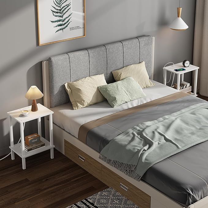 TUTOTAK End Table with Charging Station, Small Side Table with Outlets, Nightstand Bedside Table, 2-Tier Storage Shelf for Small Space, Living Room, Bedroom, White TB01BW040